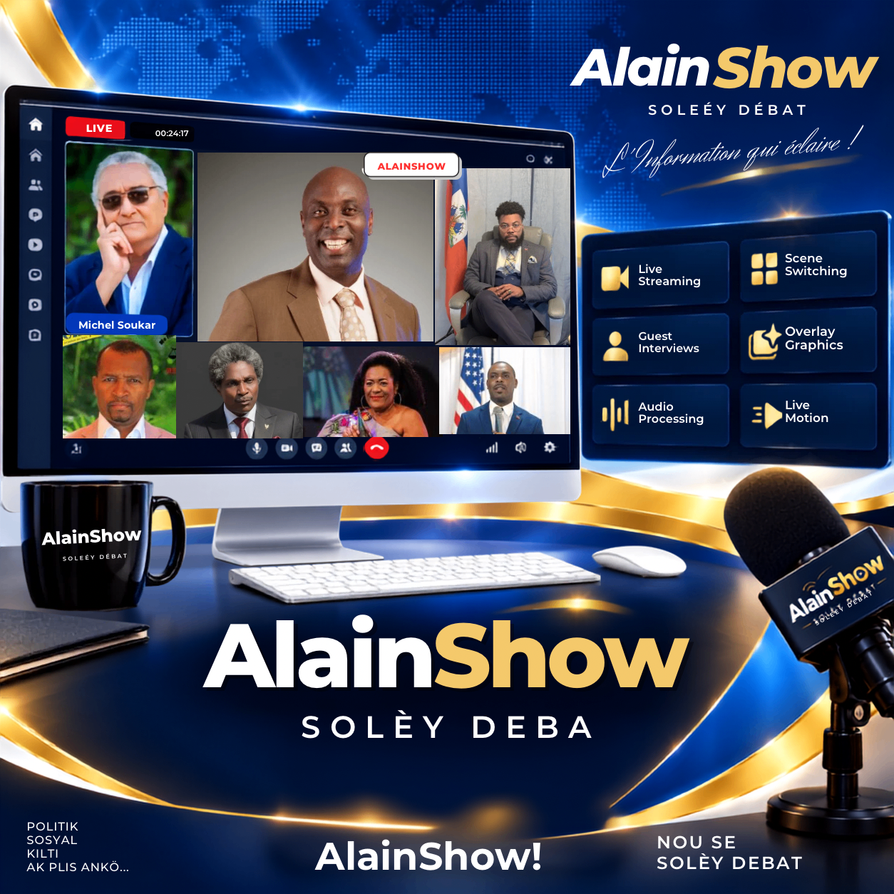 AlainShow Studio — setup live ak mikwo, ekran ak branding Solèy Débat